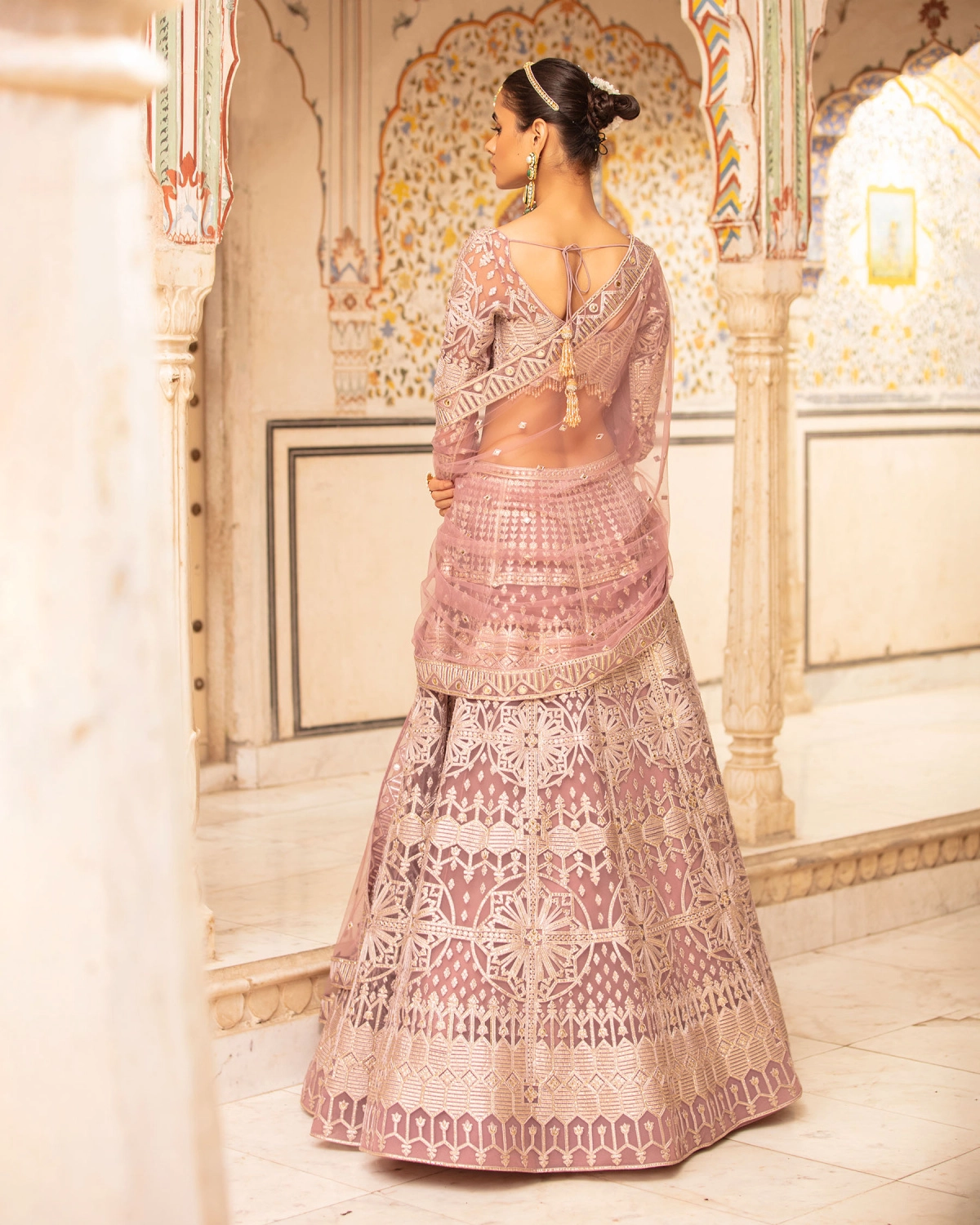 Faye Rose Quartz Pink, Light Gold Lehenga Set With Geometric Motifs