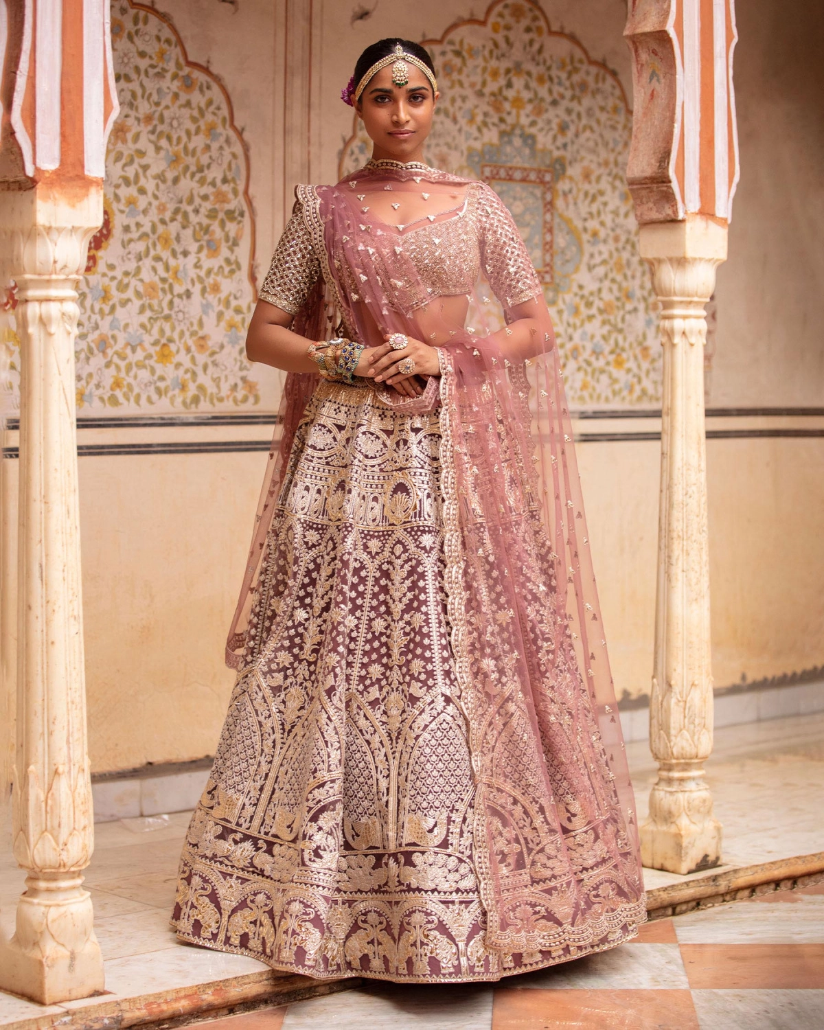 Faith Cashmere Rose Pink, Light Gold Lehenga Set With Fauna Motifs