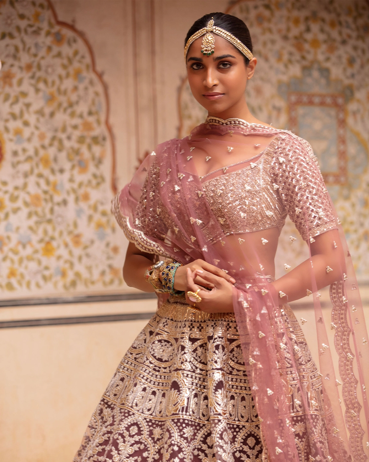 Faith Cashmere Rose Pink, Light Gold Lehenga Set With Fauna Motifs