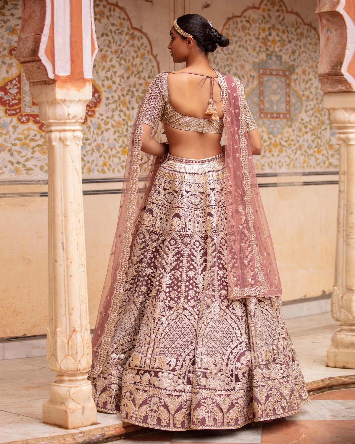 Faith Cashmere Rose Pink, Light Gold Lehenga Set With Fauna Motifs