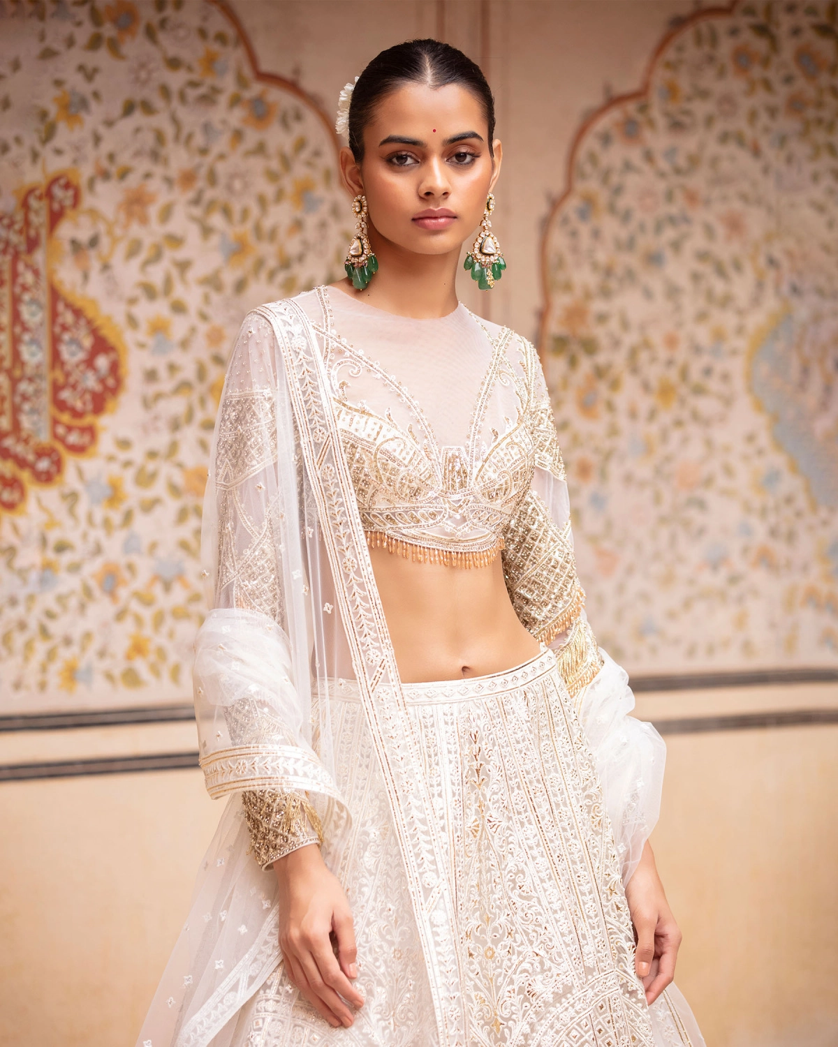Eva Beige-based, Light Gold Lehenga Set With Tulle Dupatta