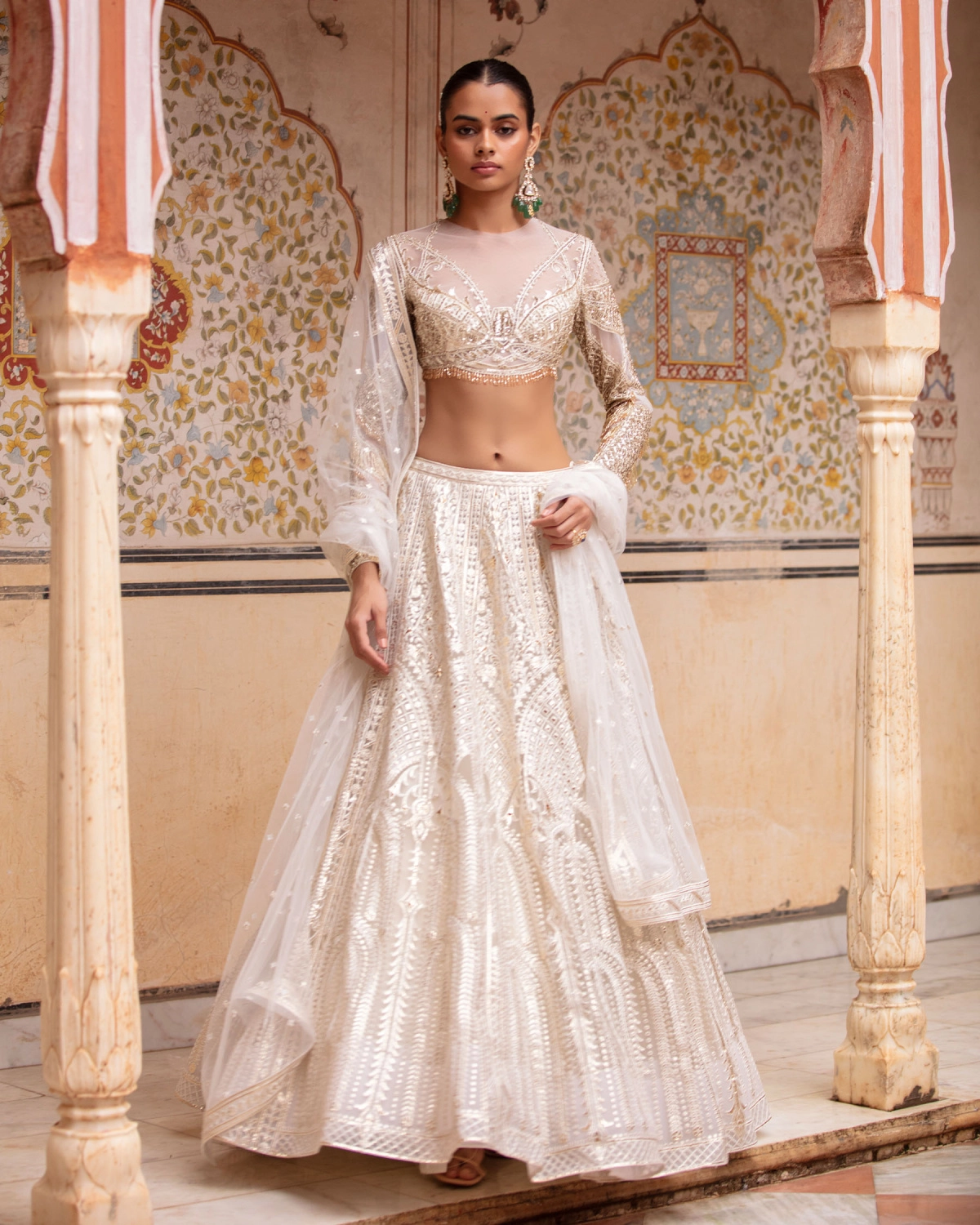 Eva Beige-based, Light Gold Lehenga Set With Tulle Dupatta