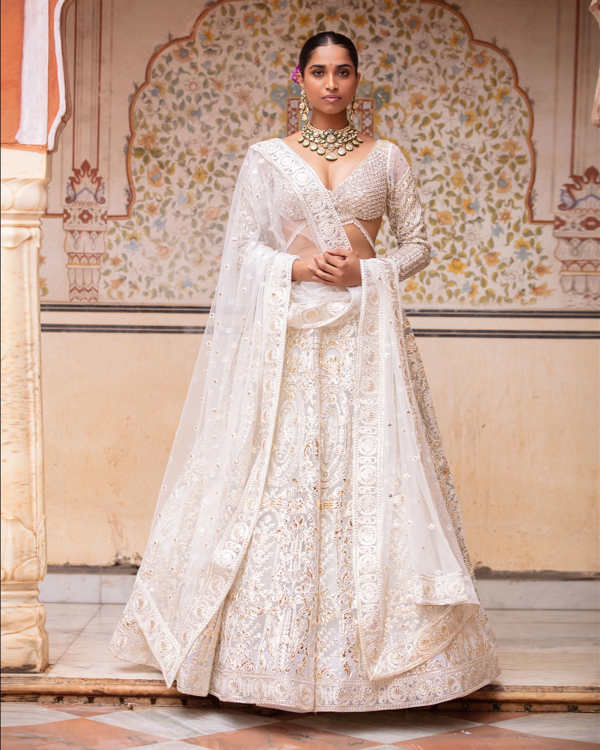 Estella Ivory-based, Light Gold Lehenga Set With Sequins And Tassels