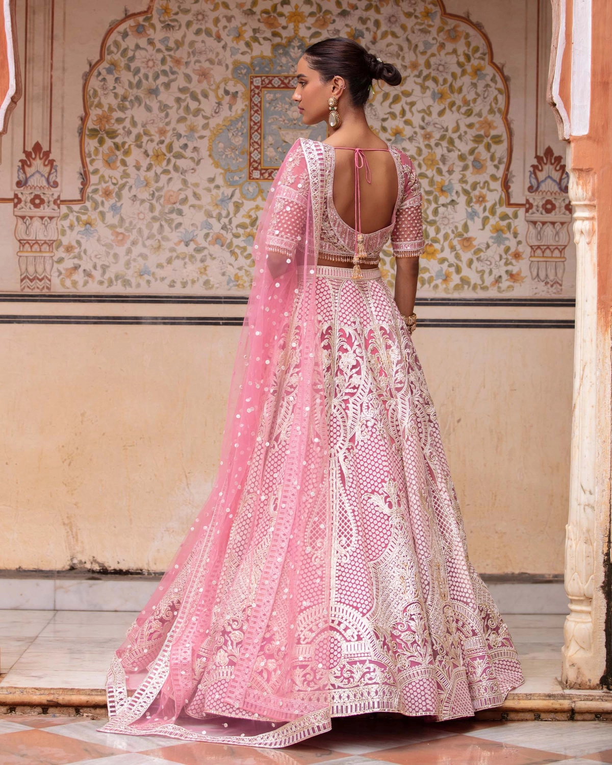 Elora Candy Pink, Light Gold Lehenga Set With Full-sleeved Cropped Blouse