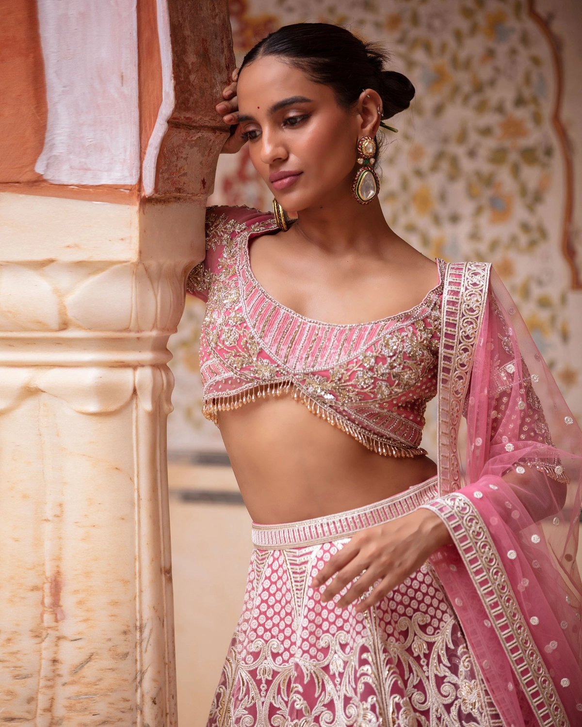 Elora Candy Pink, Light Gold Lehenga Set With Full-sleeved Cropped Blouse