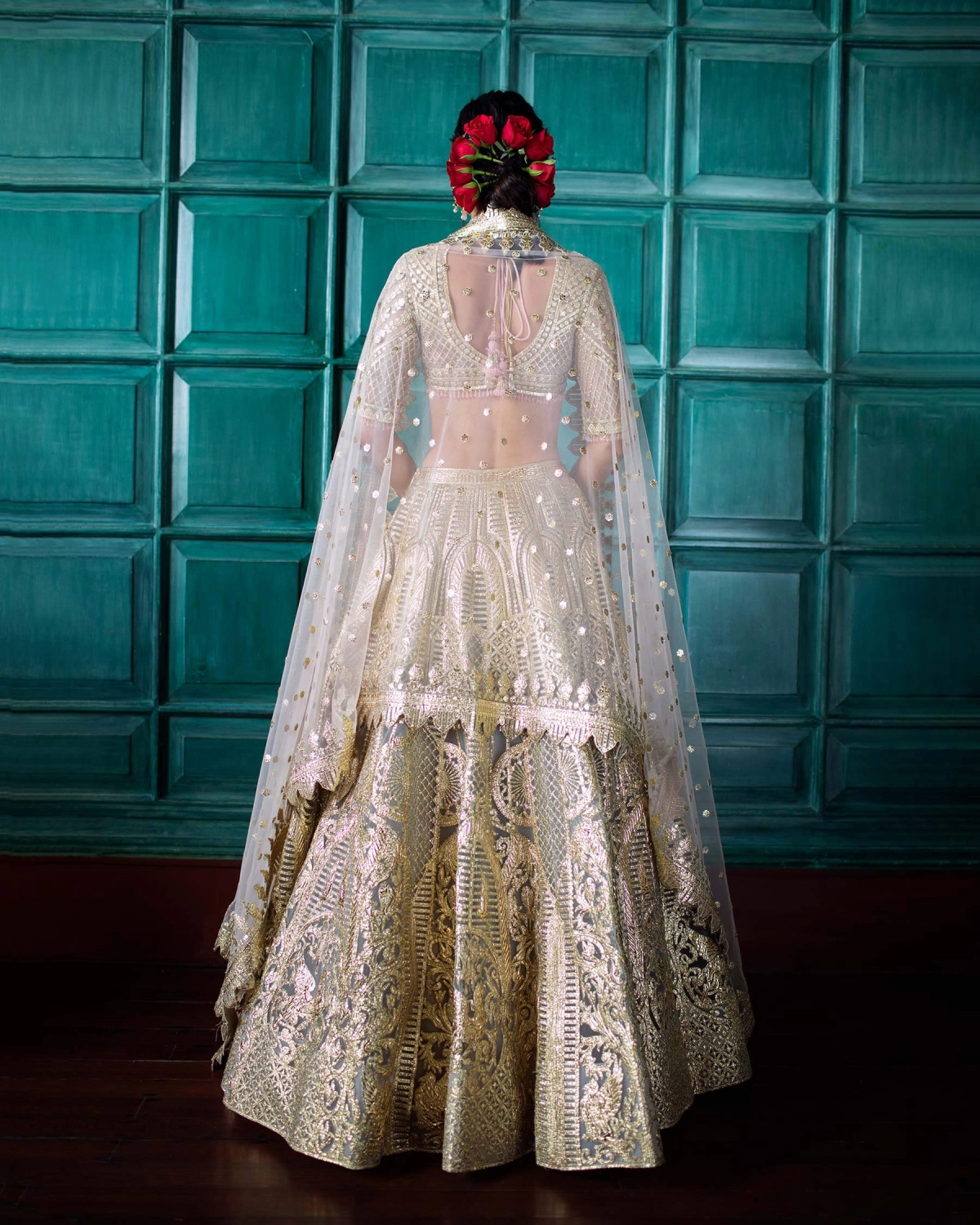 Célestine Grey-based, Golden Chrome Applique Lehenga Set