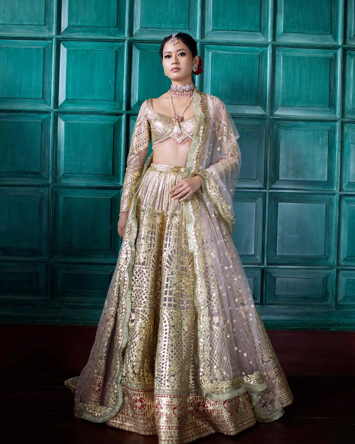Rolande Pink-based, Golden Chrome Applique Lehenga Set
