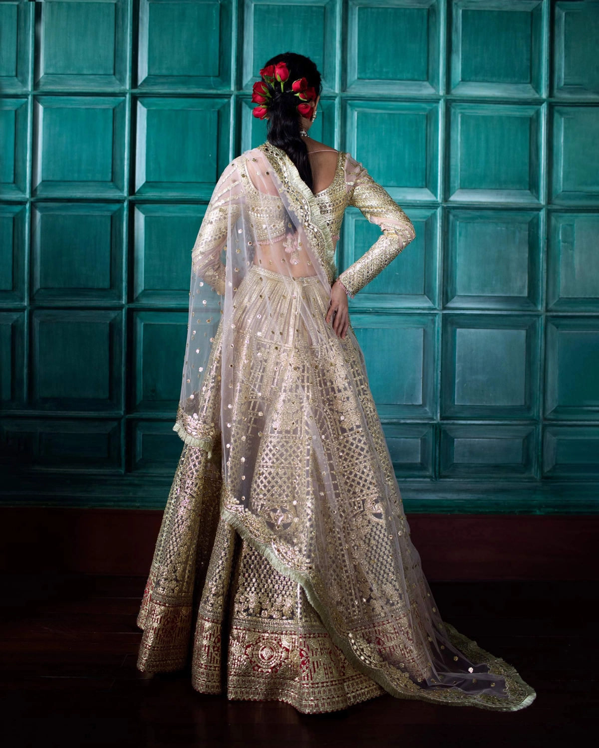 Rolande Pink-based, Golden Chrome Applique Lehenga Set