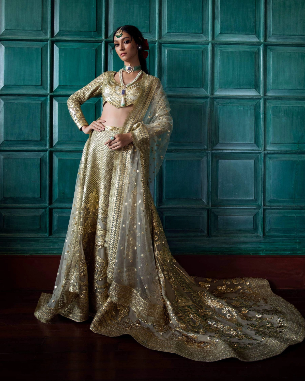 Jeanne Sage Green-based, Golden Chrome Applique Trail Lehenga Set