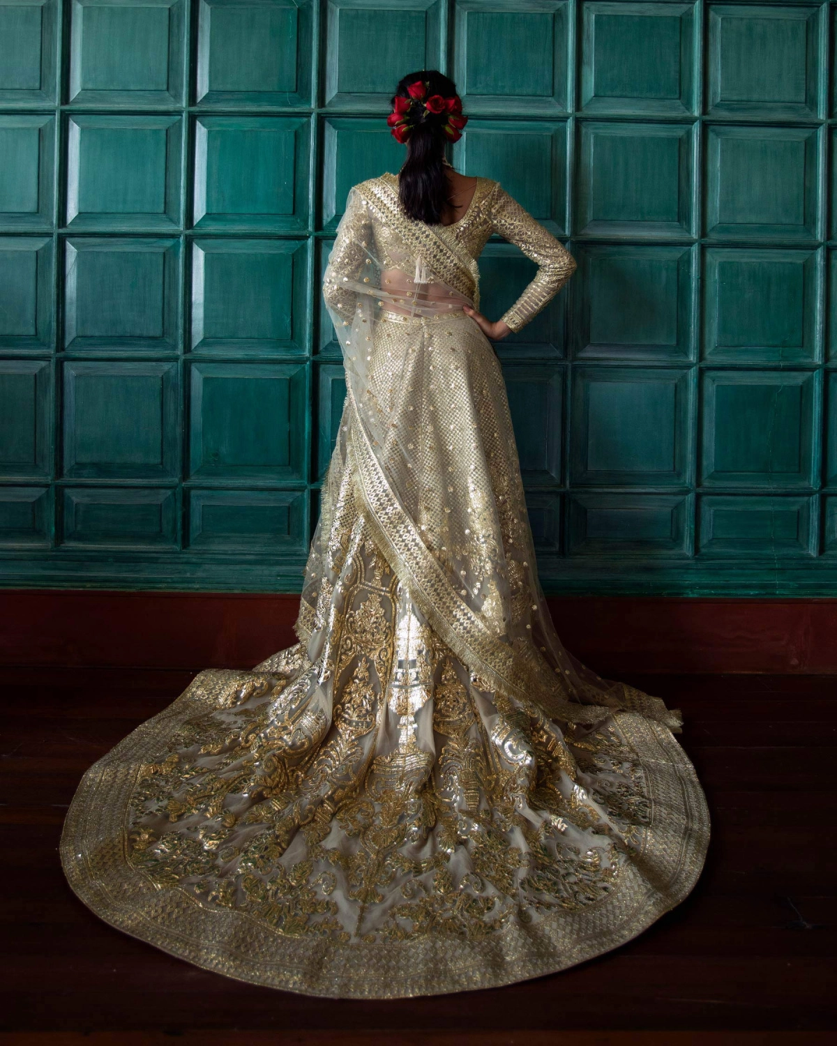 Jeanne Sage Green-based, Golden Chrome Applique Trail Lehenga Set