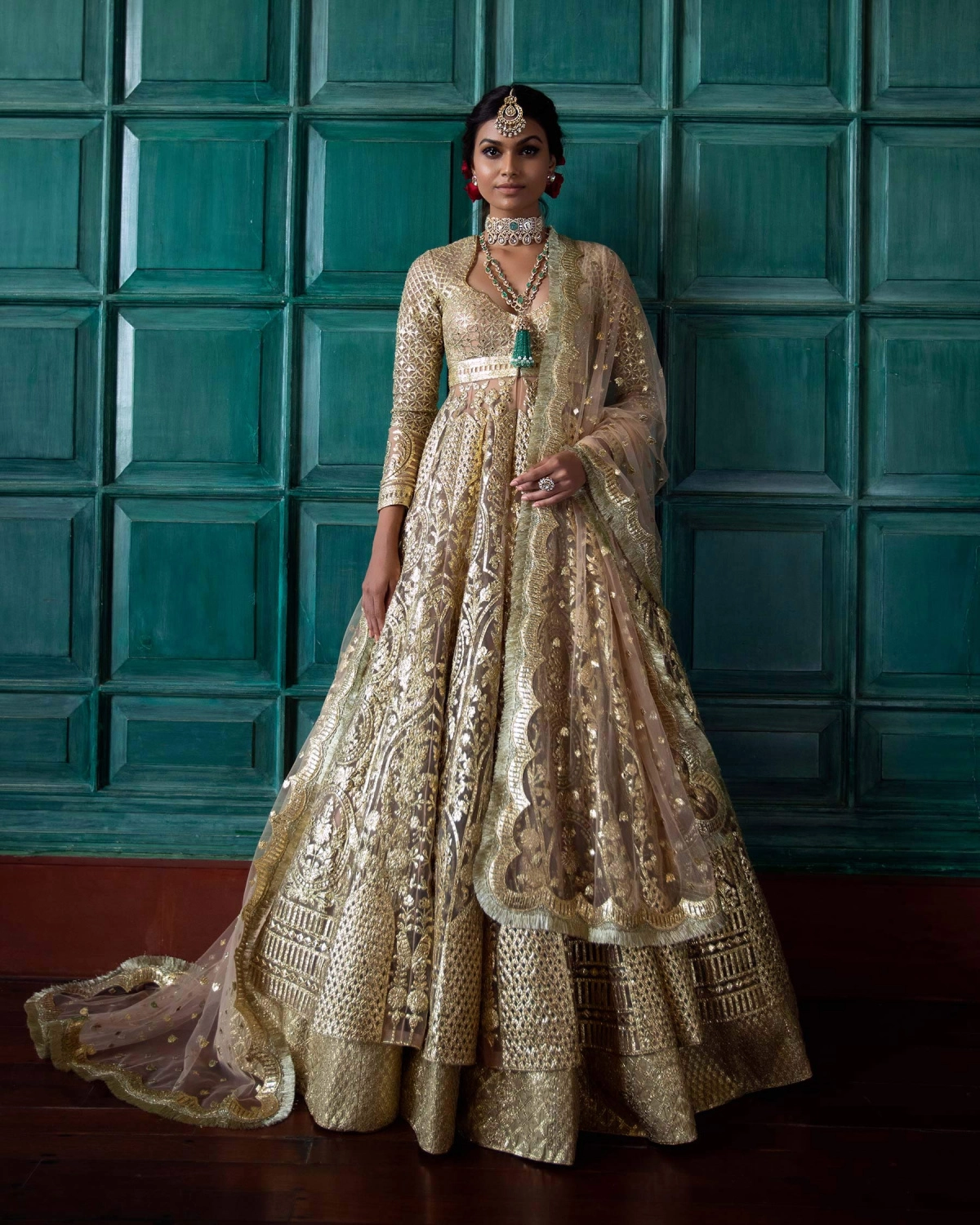 Etienne Beige-based, Golden Chrome Applique Lehenga Set