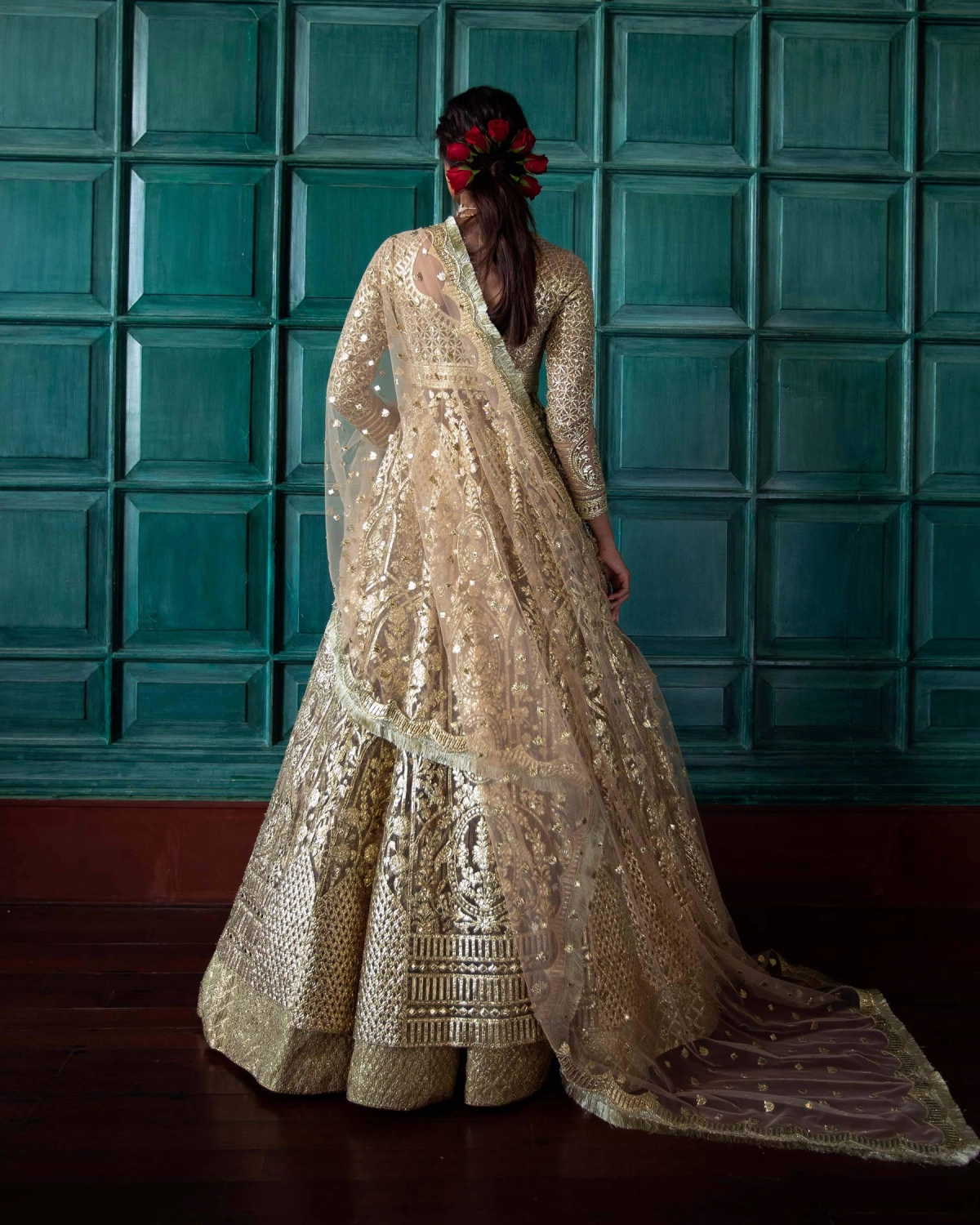 Etienne Beige-based, Golden Chrome Applique Lehenga Set