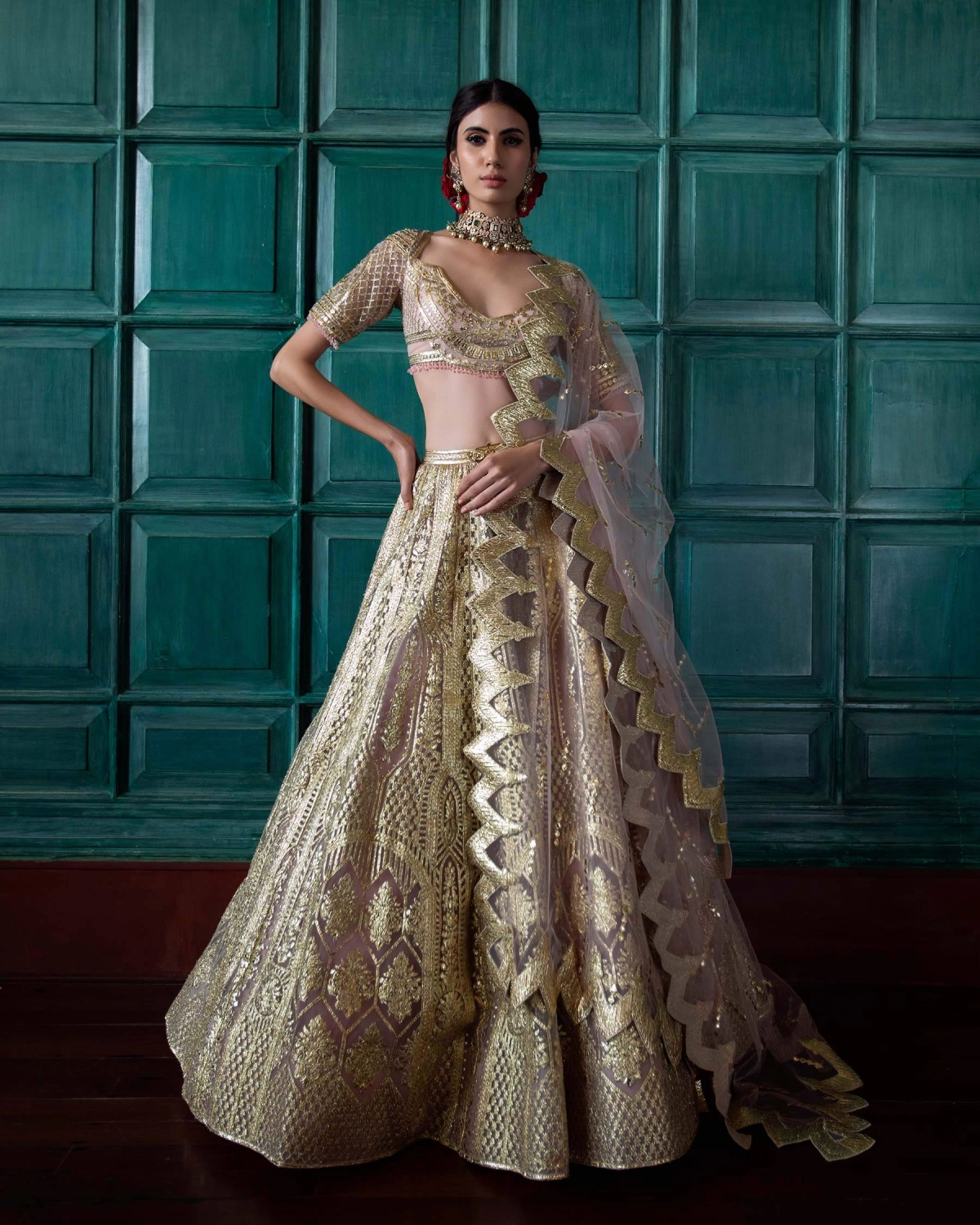 Eulalie Pink-based, Golden Chrome Applique Lehenga Set