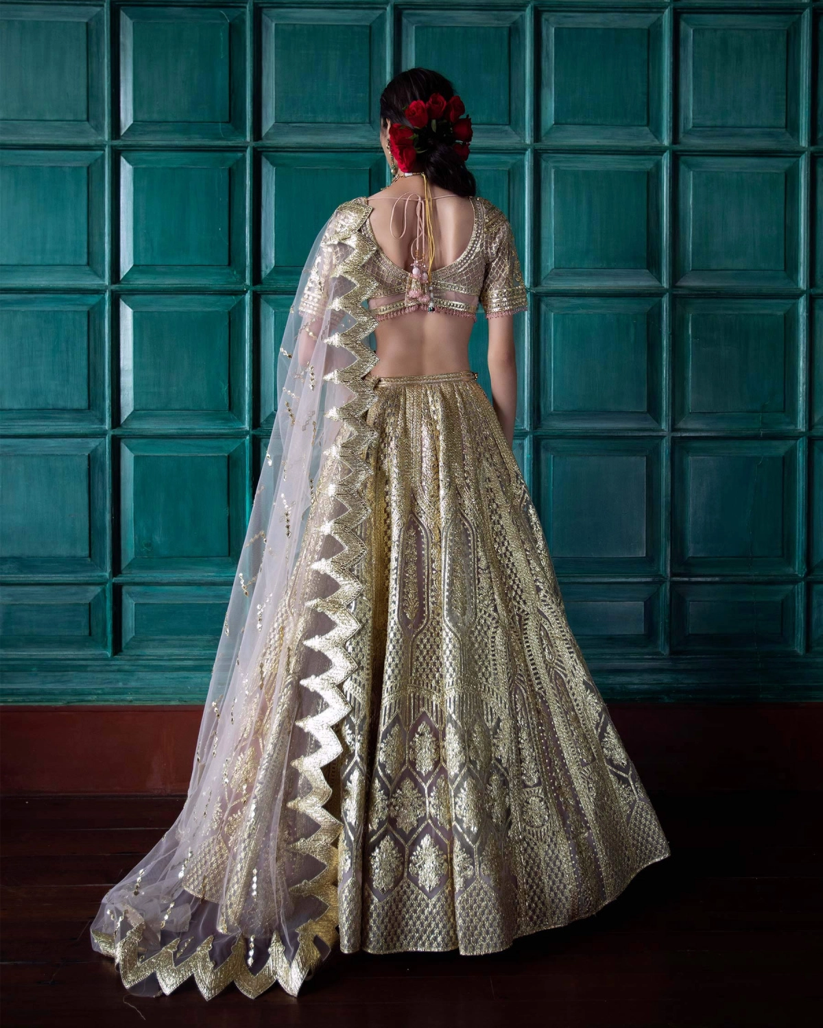 Eulalie Pink-based, Golden Chrome Applique Lehenga Set
