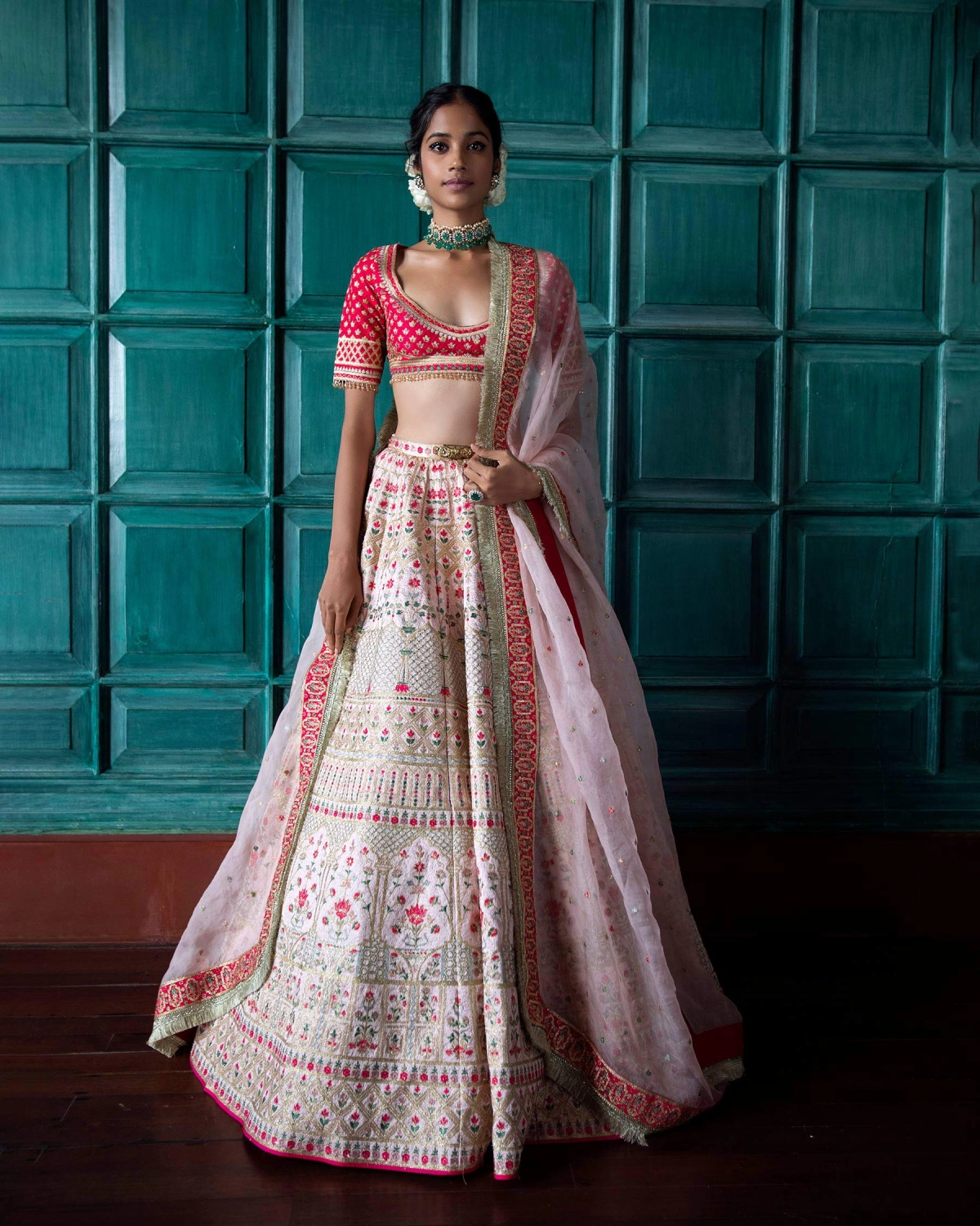 Isabeau Light Pink-based Lehenga Set Featuring Architectural Motifs