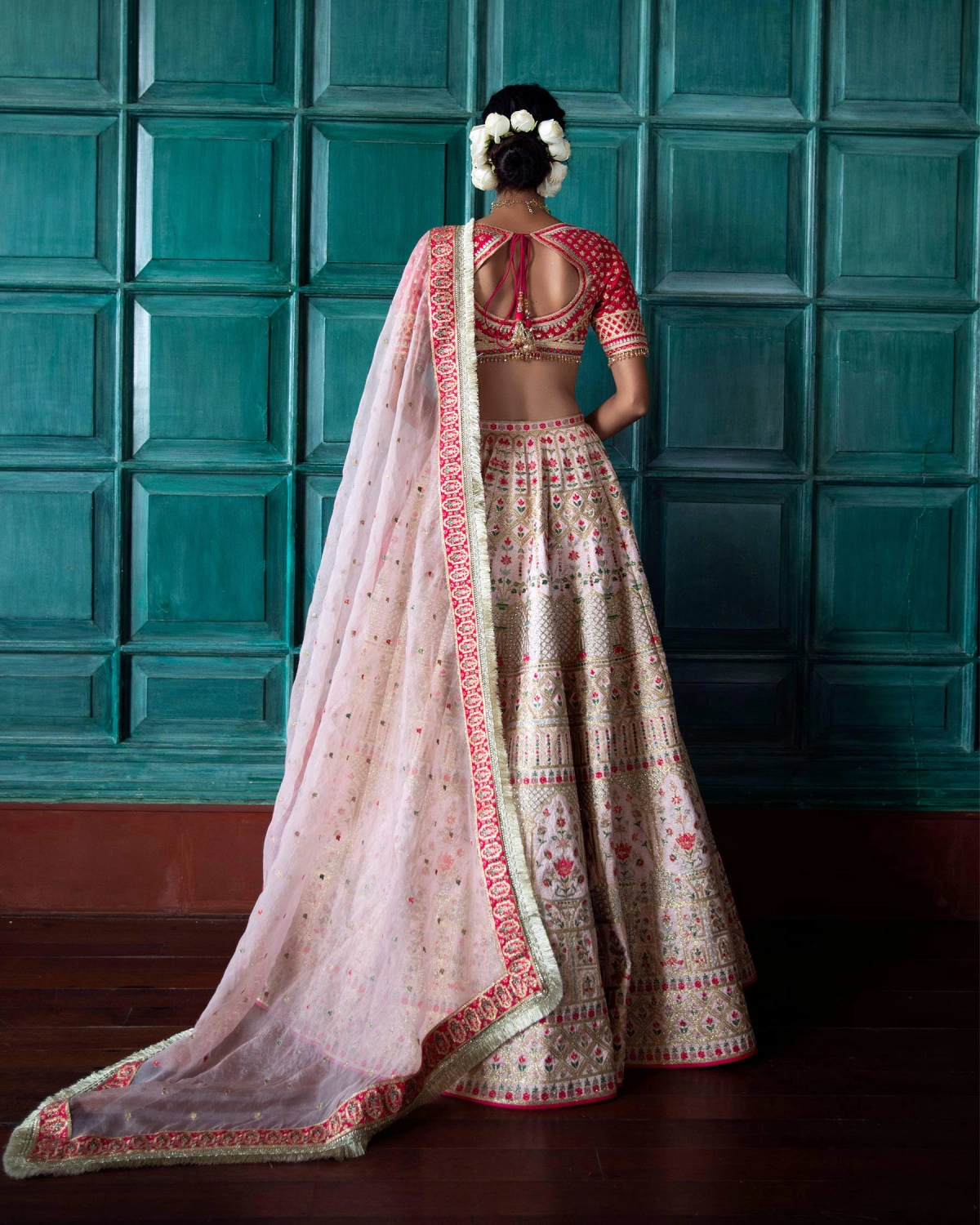 Isabeau Light Pink-based Lehenga Set Featuring Architectural Motifs