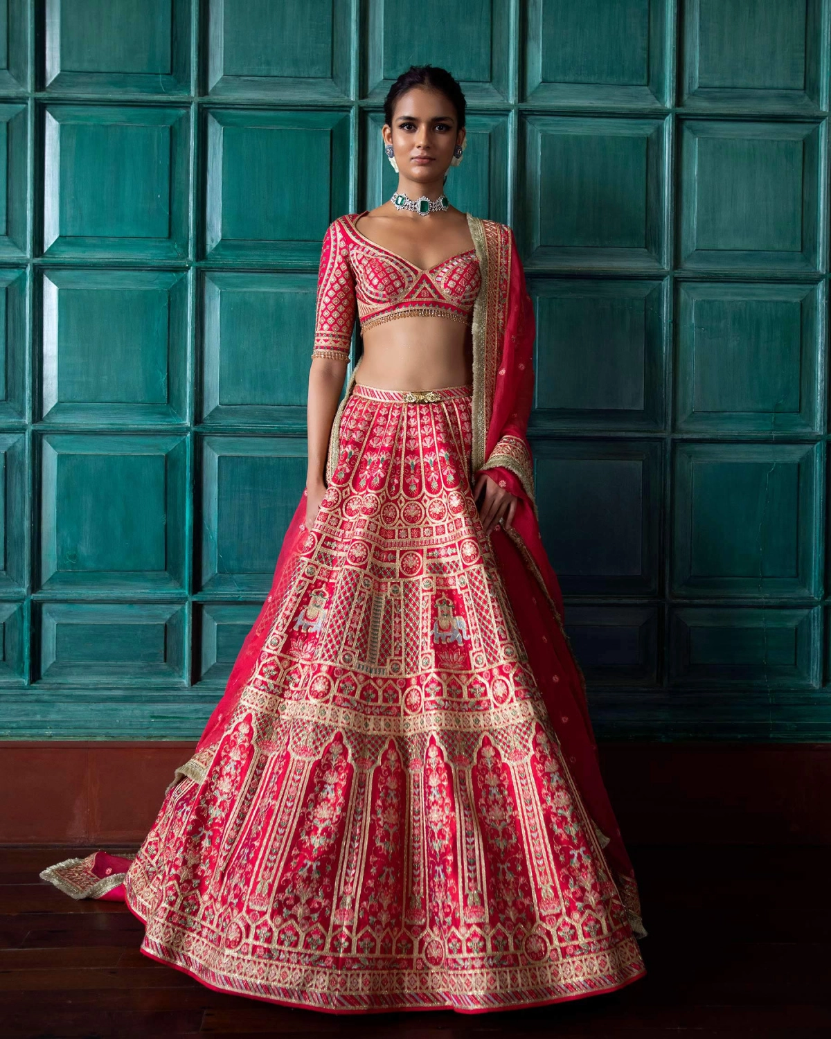Sheree Fuschia Pink Lehenga Set Featuring Grid Motifs