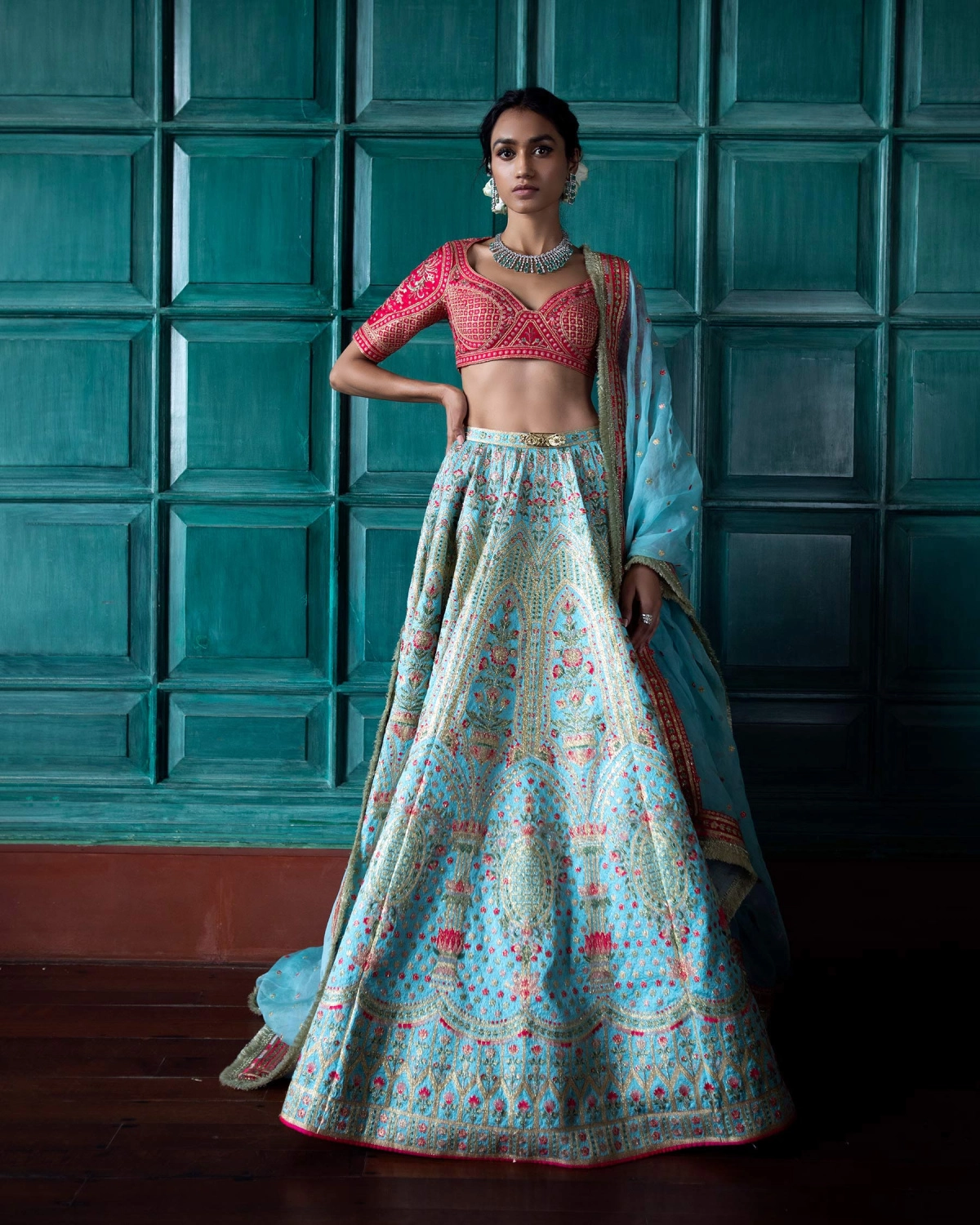 Cezanne Turquoise Blue Lehenga Set Adorned With Jharokha