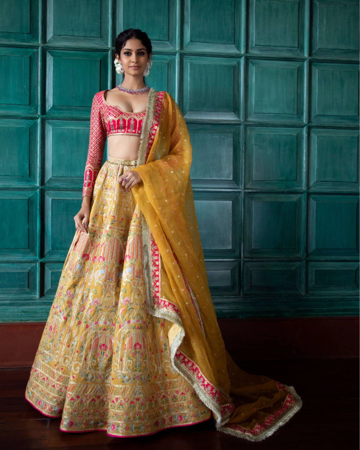 Rosamonde Mustard Yellow Lehenga Set Adorned With Elephants