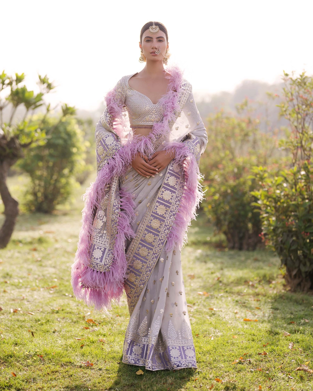 Tiana Light Mauve Tulle Saree with Golden Appliqué & Feather Border Detail