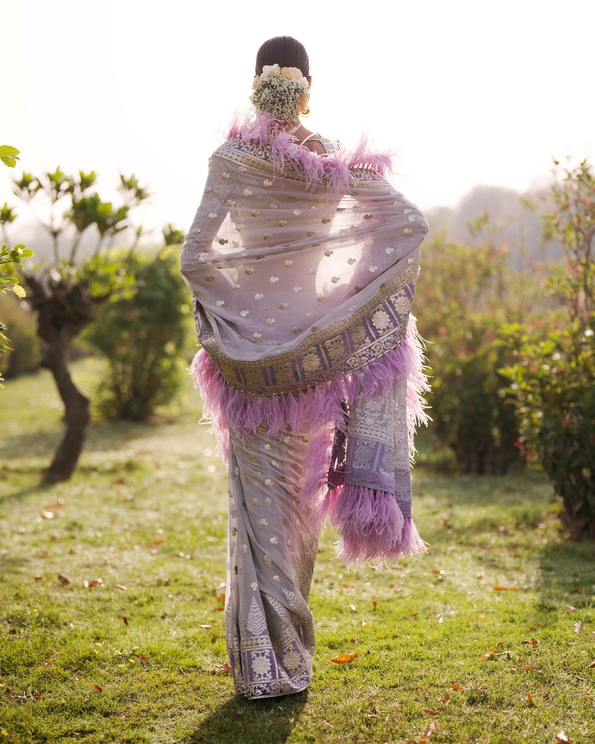 Tiana Light Mauve Tulle Saree with Golden Appliqué & Feather Border Detail