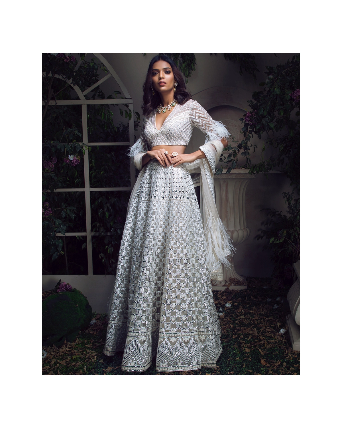 Adorlee White Smoke Chrome Applique Lehenga Set