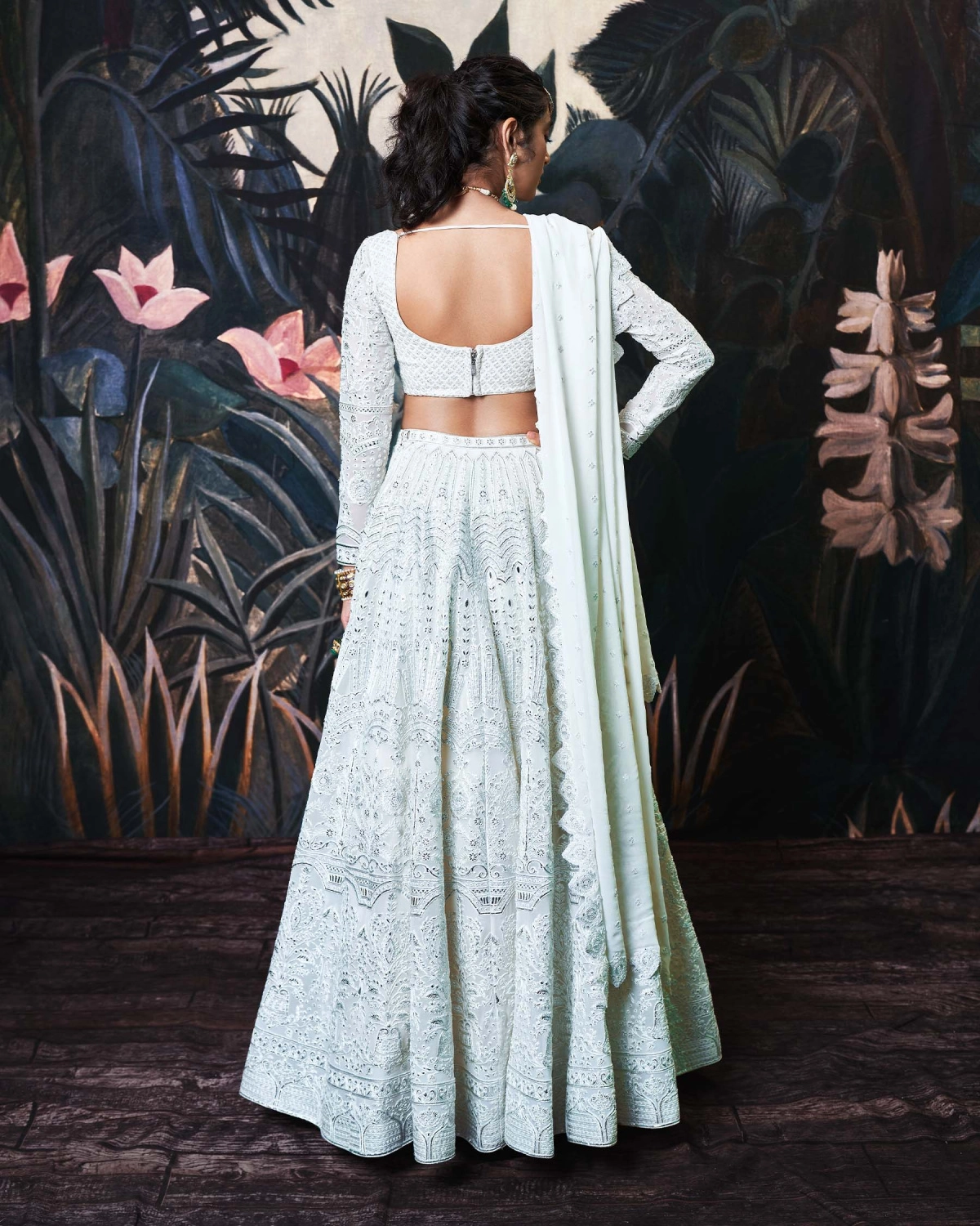 Allie Ivory Georgette Lehenga Set With Silver Foil Work