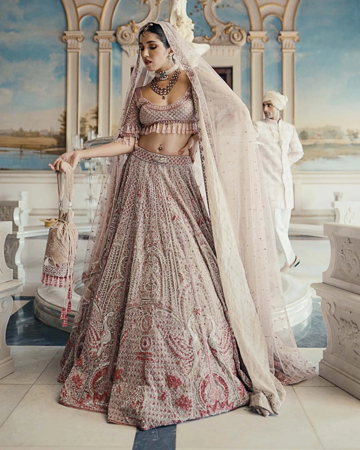 Alphosine Beige-based, Pink Lehenga Set With Intricate Embroidery