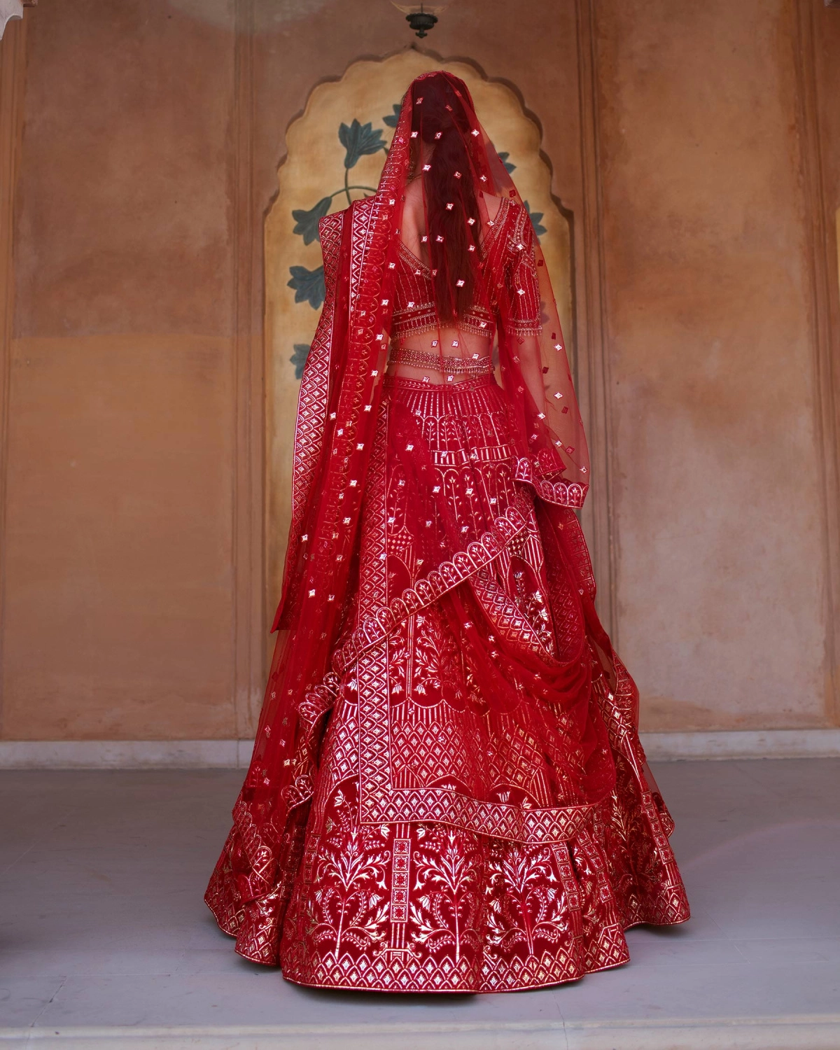 Eléa Red Chrome Applique Lehenga Set Featuring Foliage Motifs