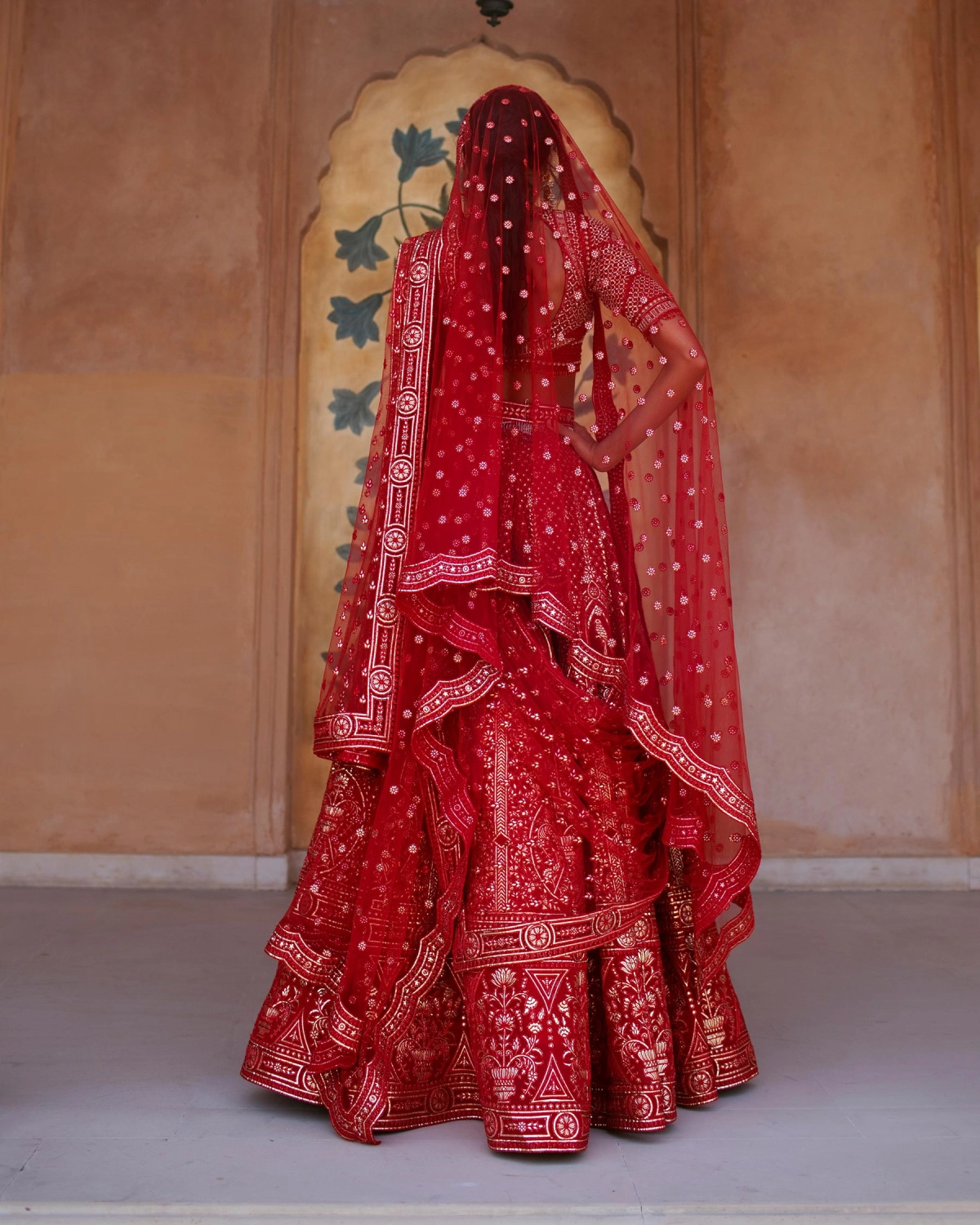 Hughette Red Chrome Applique Lehenga Set Featuring Floral Motifs