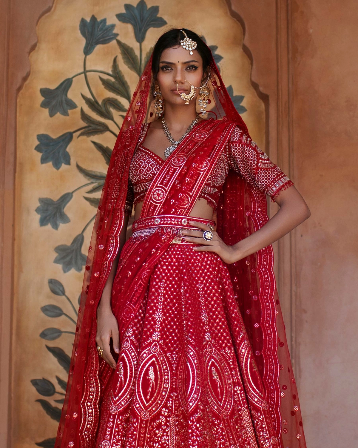 Hughette Red Chrome Applique Lehenga Set Featuring Floral Motifs