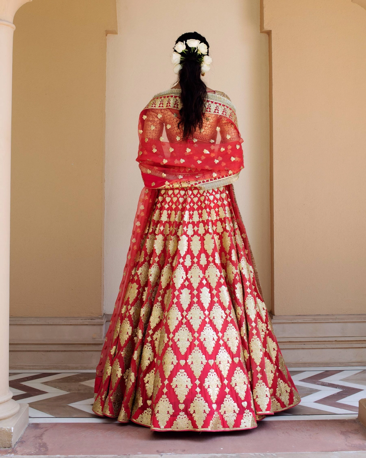 Muriel Coral Red Lehenga Set With Golden Chrome Applique Details