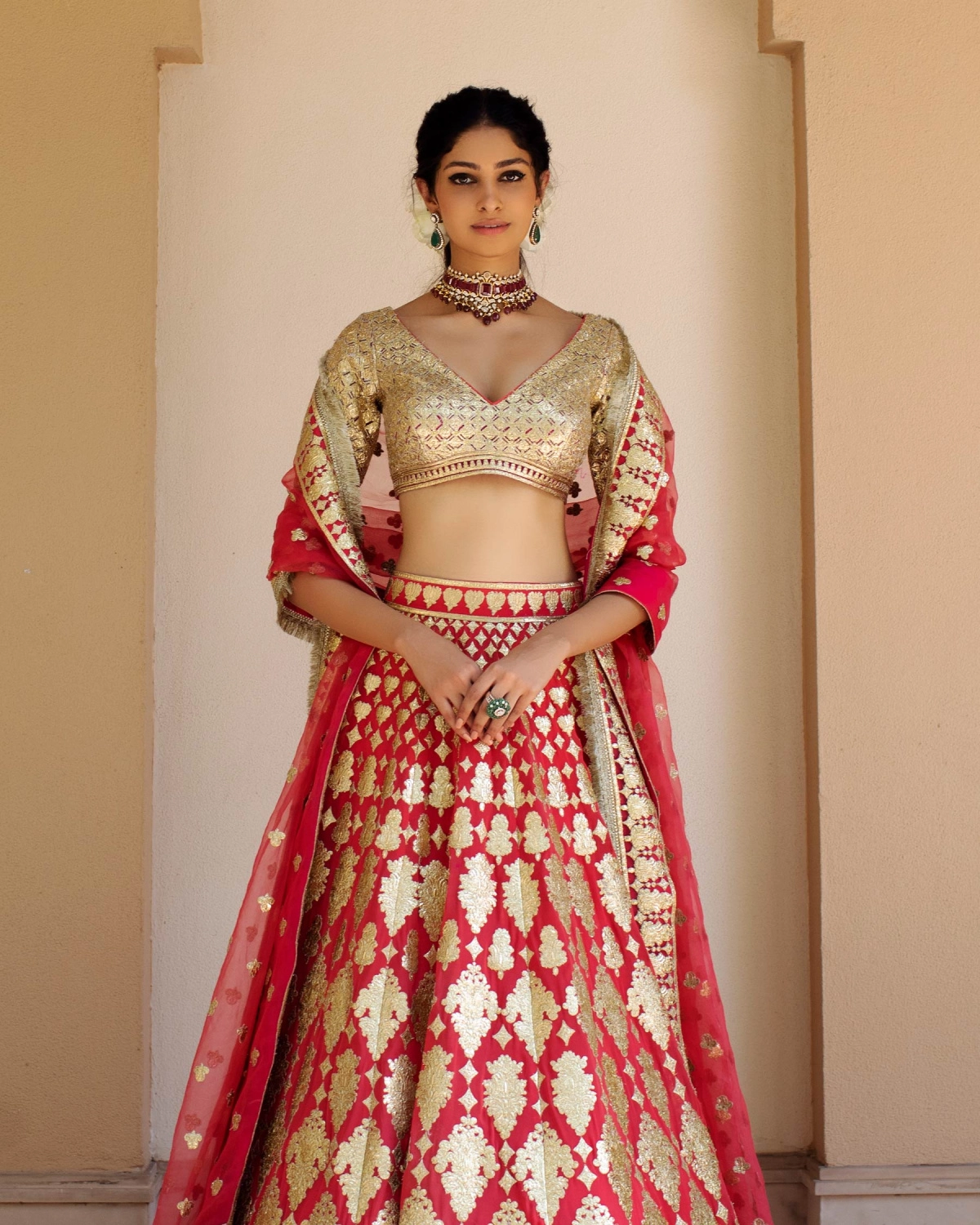 Muriel Coral Red Lehenga Set With Golden Chrome Applique Details