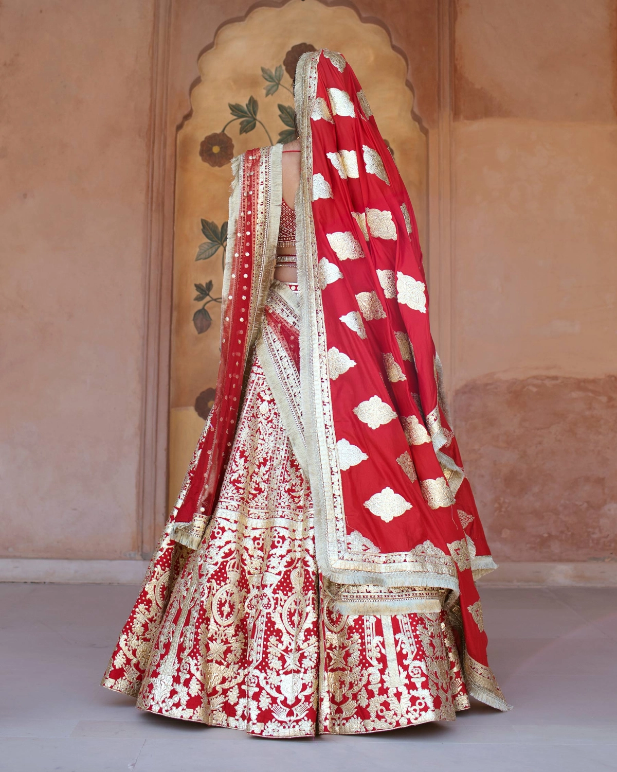 Fosette Red Lehenga Set With Golden Chrome Applique Adornments