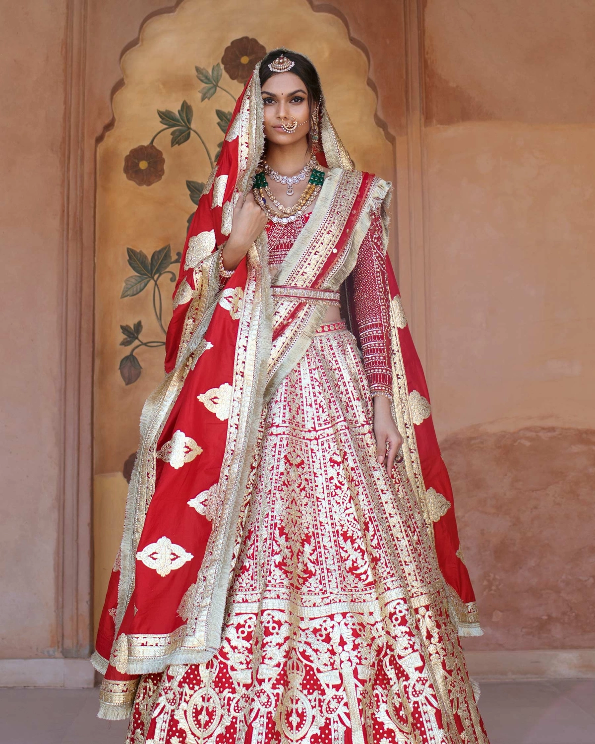 Fosette Red Lehenga Set With Golden Chrome Applique Adornments