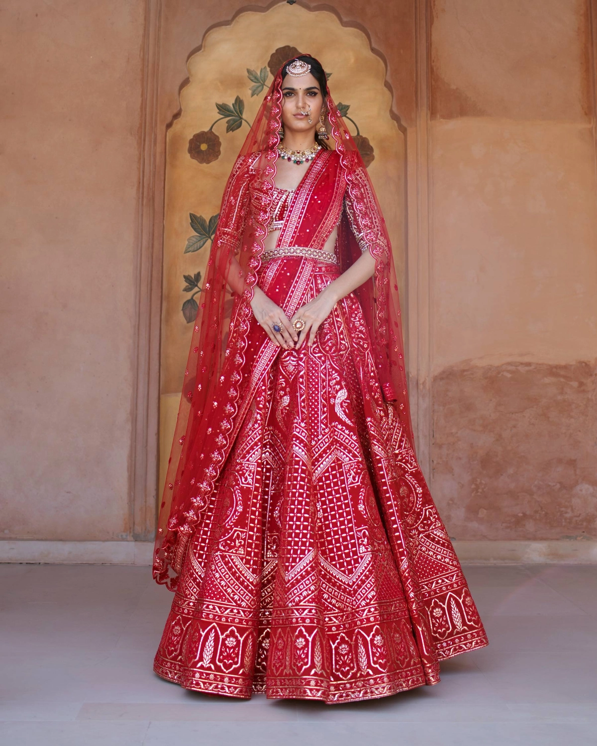 Sorrel Red Chrome Applique Lehenga Set Adorned With Floral Motifs