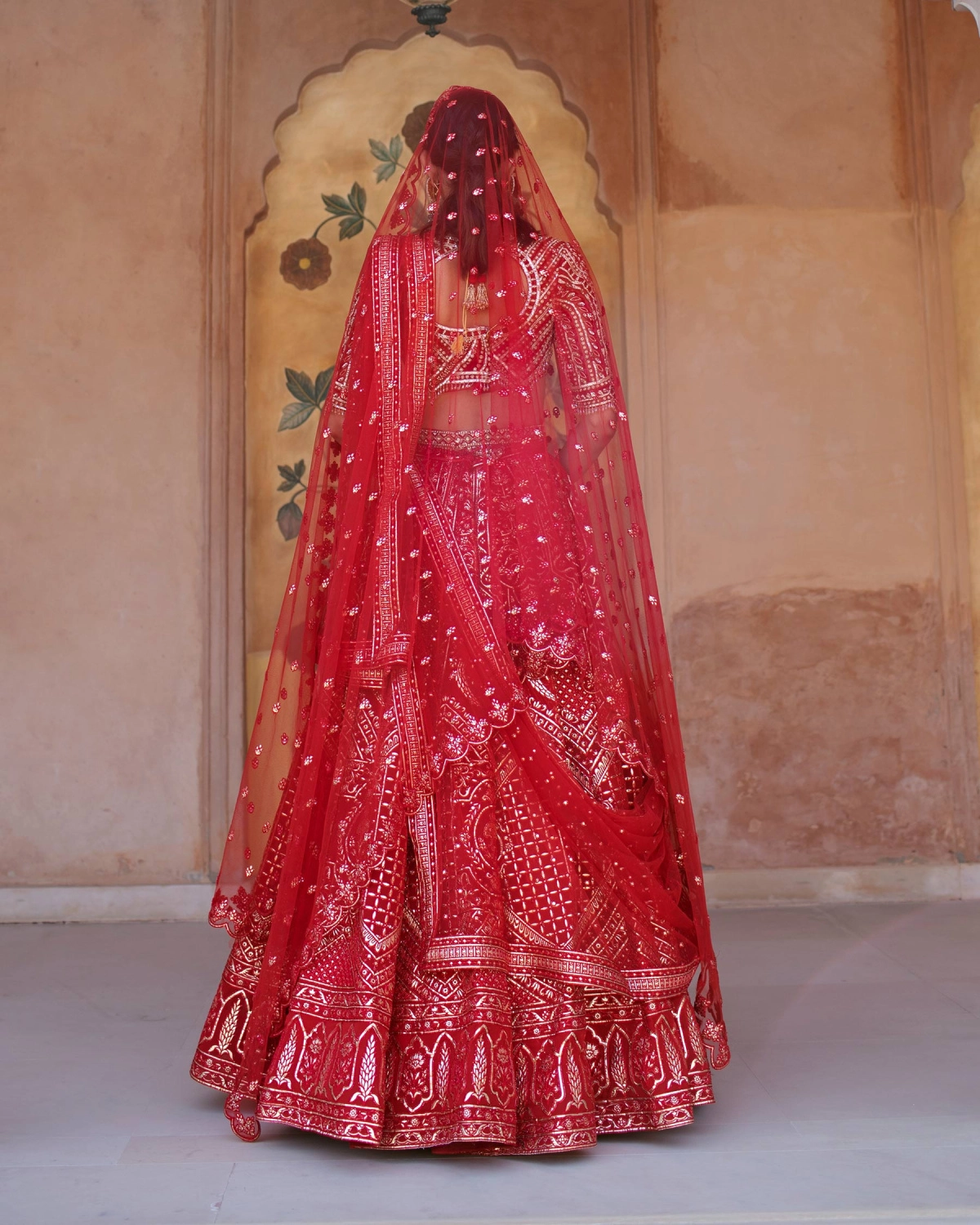 Sorrel Red Chrome Applique Lehenga Set Adorned With Floral Motifs