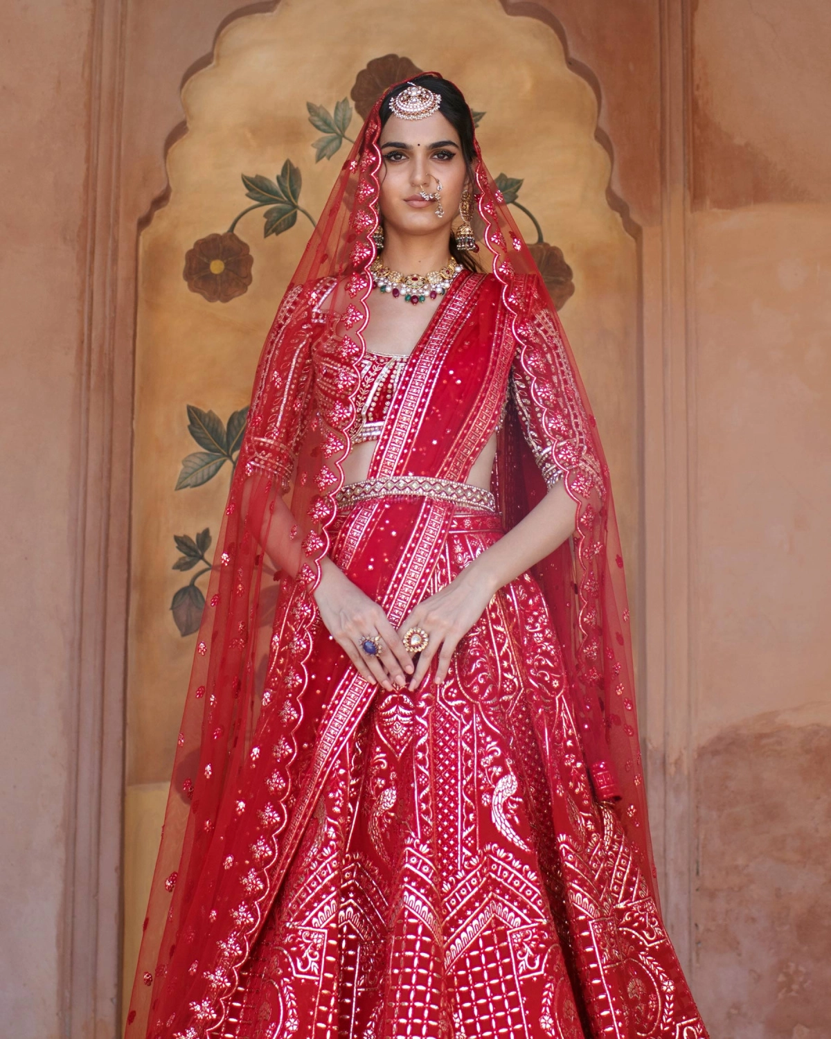 Sorrel Red Chrome Applique Lehenga Set Adorned With Floral Motifs