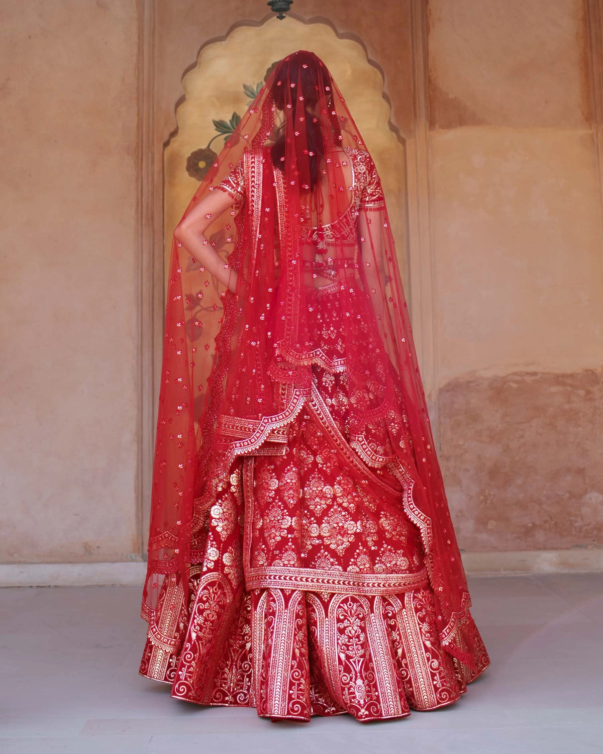 Anelise Red Chrome Applique Lehenga Set Replete With Arch Motifs