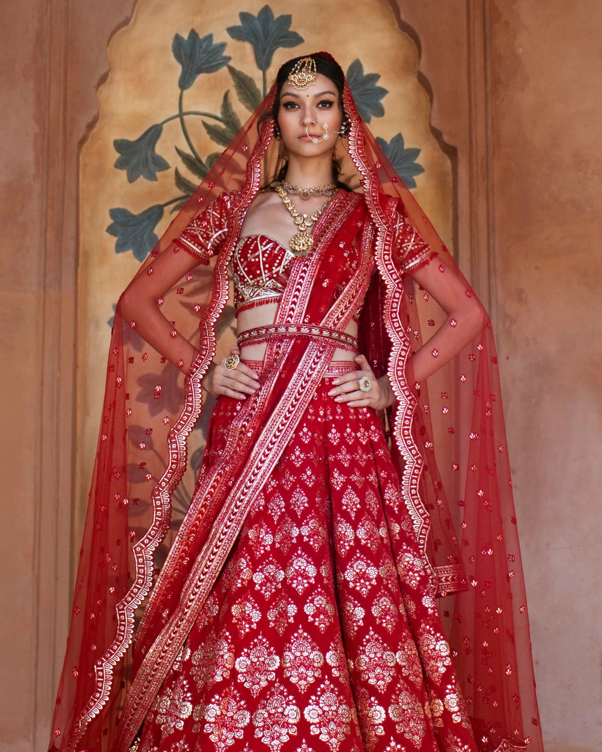Anelise Red Chrome Applique Lehenga Set Replete With Arch Motifs