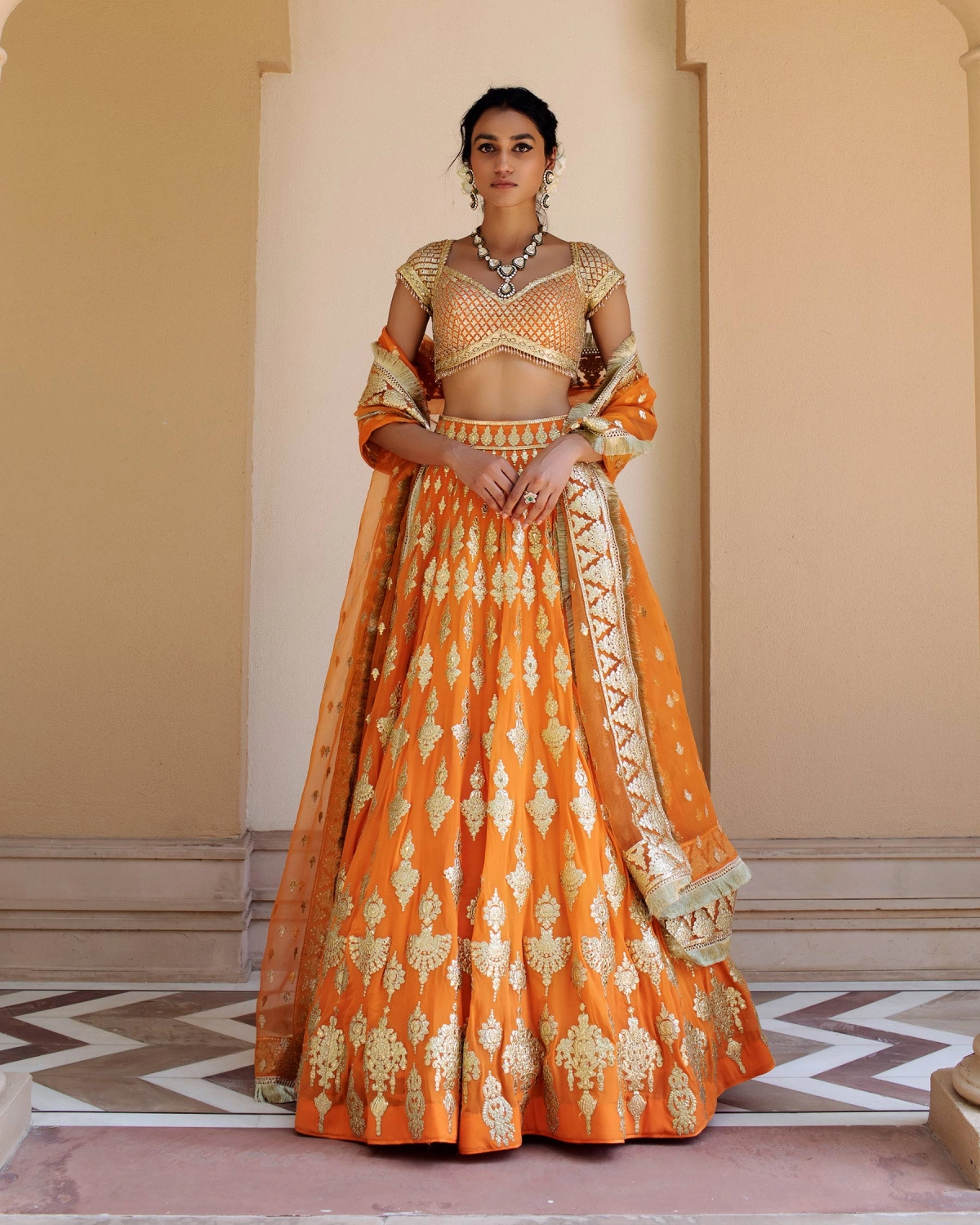 Aveline Orange Chrome Applique Lehenga Set Replete With Ethnic Motifs
