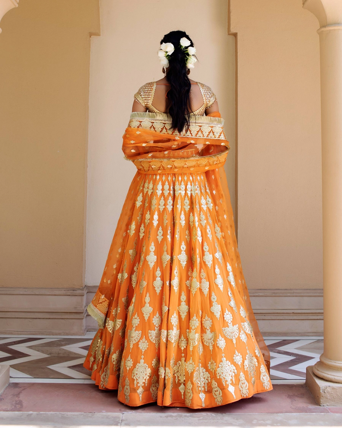 Aveline Orange Chrome Applique Lehenga Set Replete With Ethnic Motifs