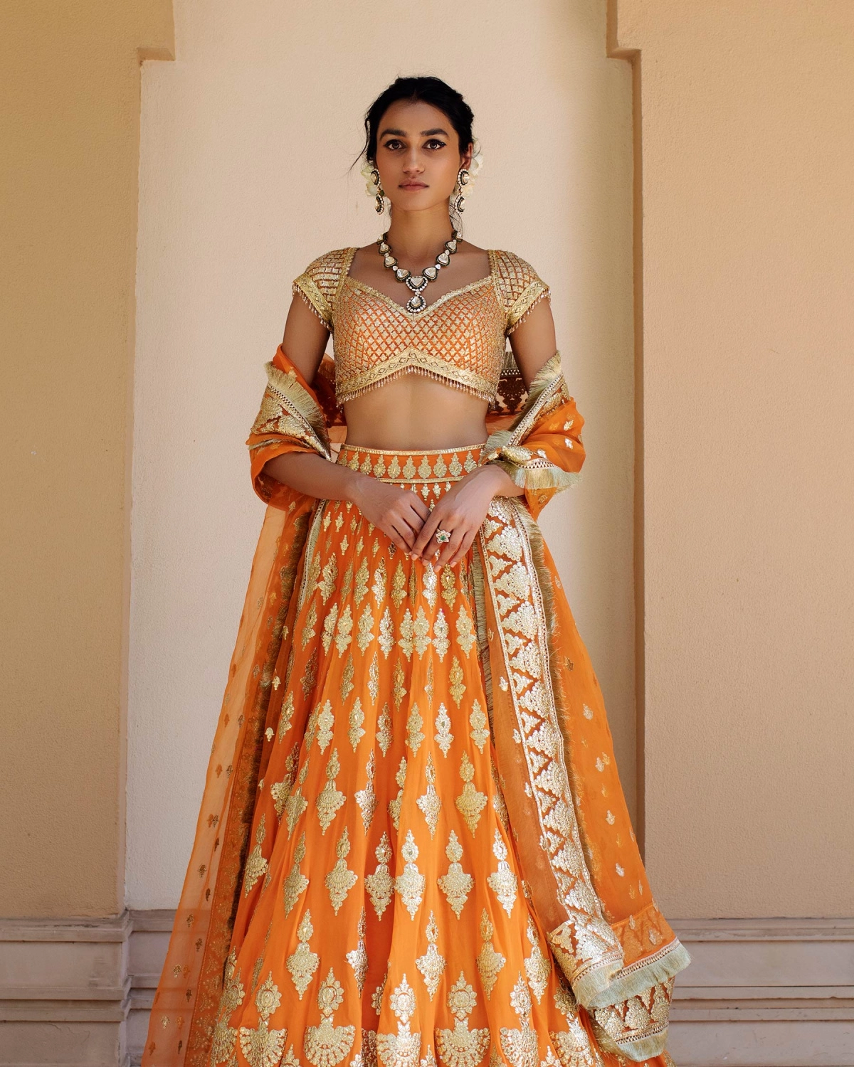 Aveline Orange Chrome Applique Lehenga Set Replete With Ethnic Motifs