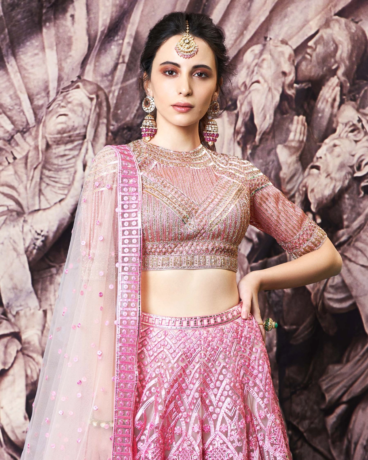 Anaya Beige Tulle, Golden Foil Lehenga Set