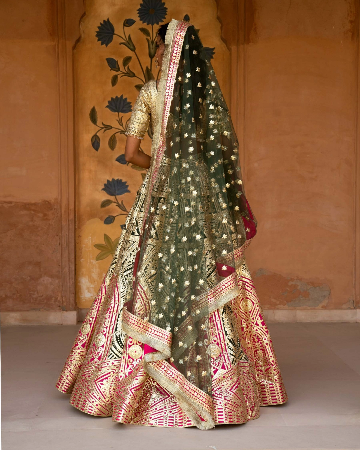 Annette Forest Green-based, Gold And Pink Lehenga Set