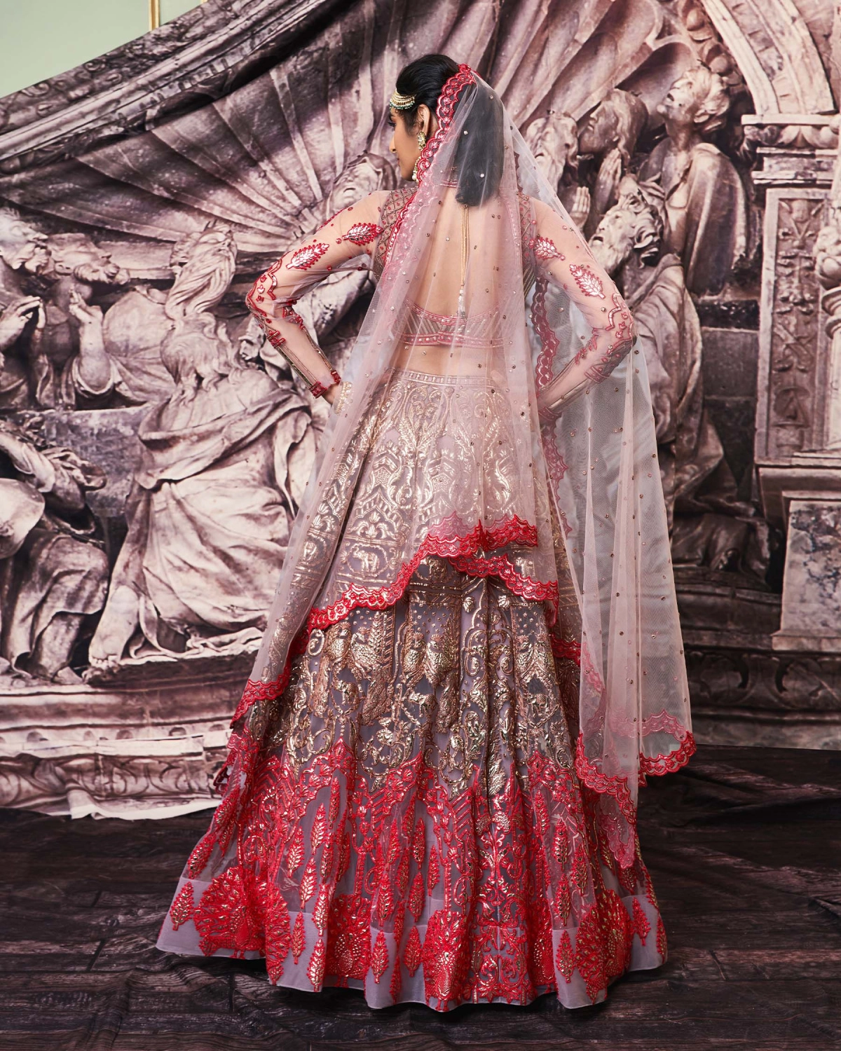 Annie Golden Foil Lehenga Set With Brown And Red