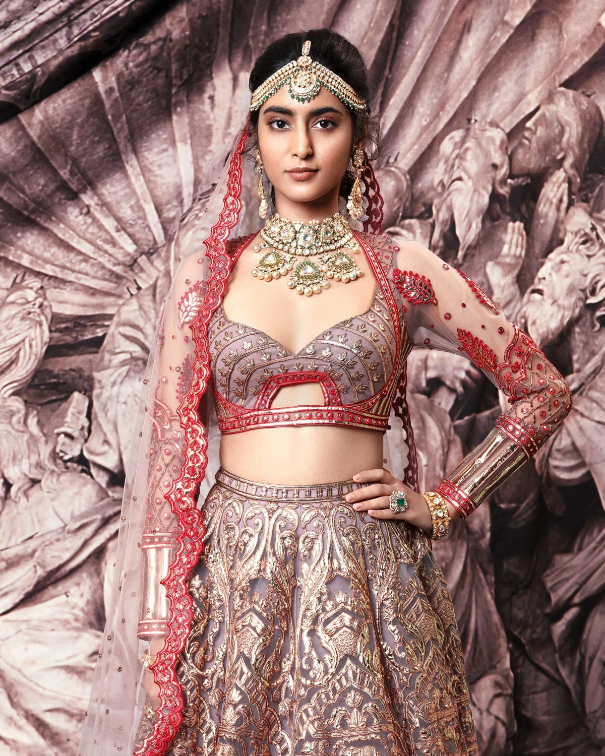 Annie Golden Foil Lehenga Set With Brown And Red