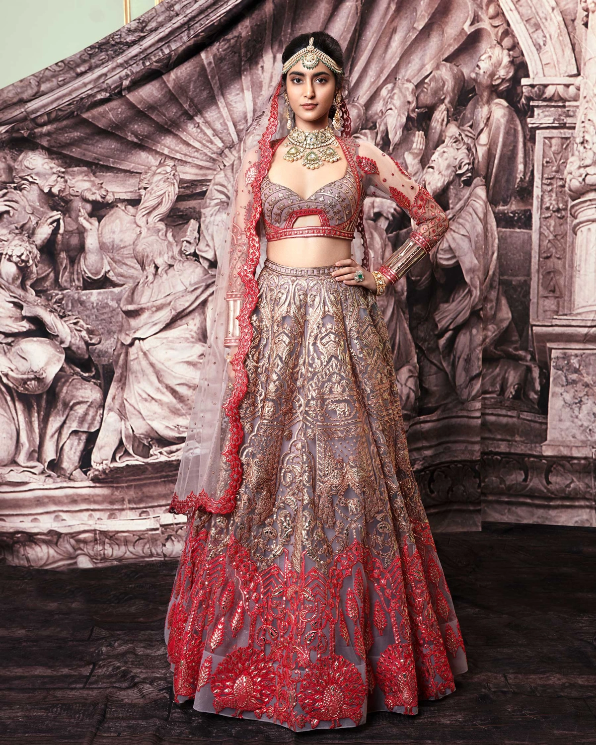 Annie Golden Foil Lehenga Set With Brown And Red
