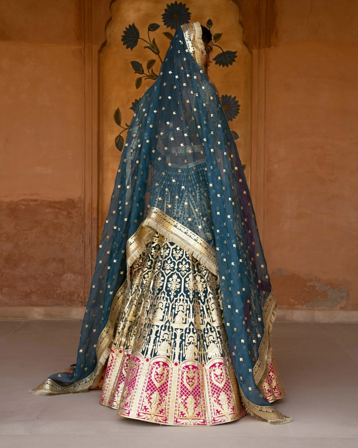 Avril Dark Blue-based, Gold And Pink Lehenga Set
