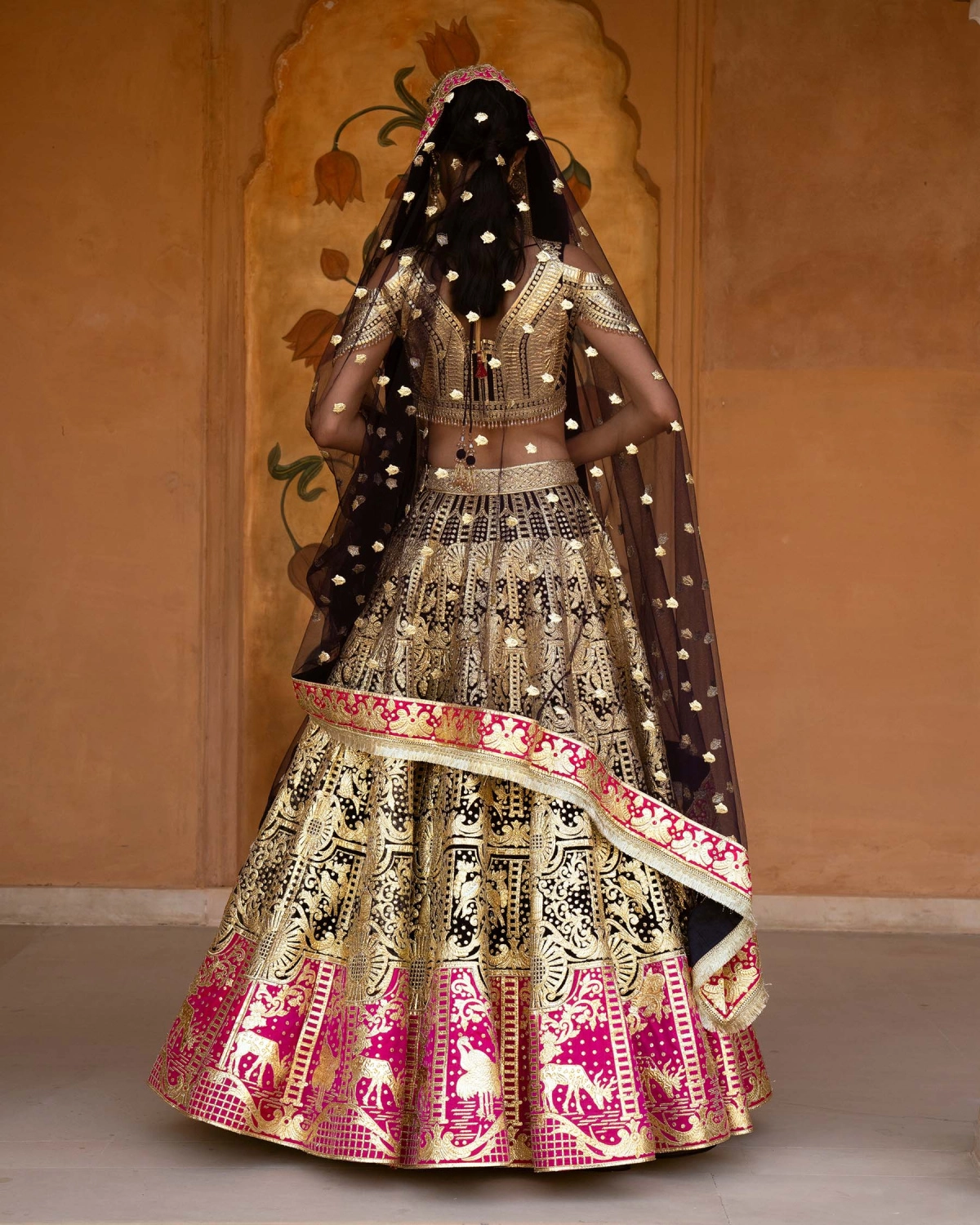 Brigitte Deep Purple-based, Golden And Pink Lehenga Set